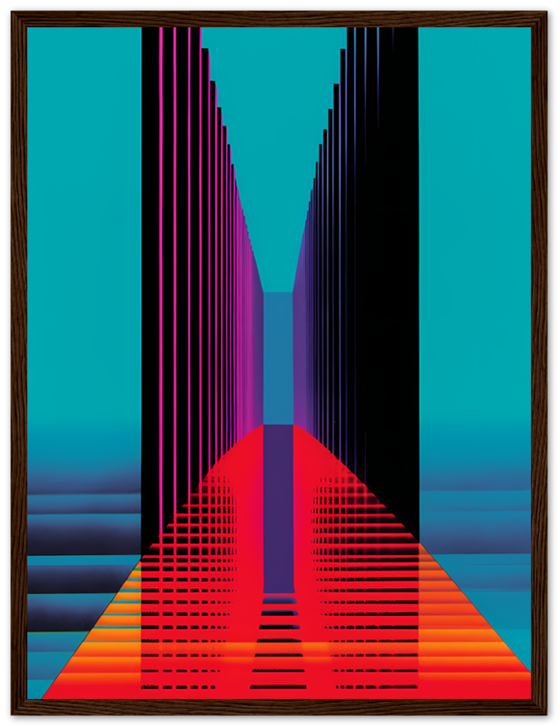 Colorful geometric abstract art with a central vanishing point and a white frame.