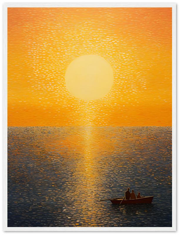 Sunset over water with two people in a boat, framed as a painting.