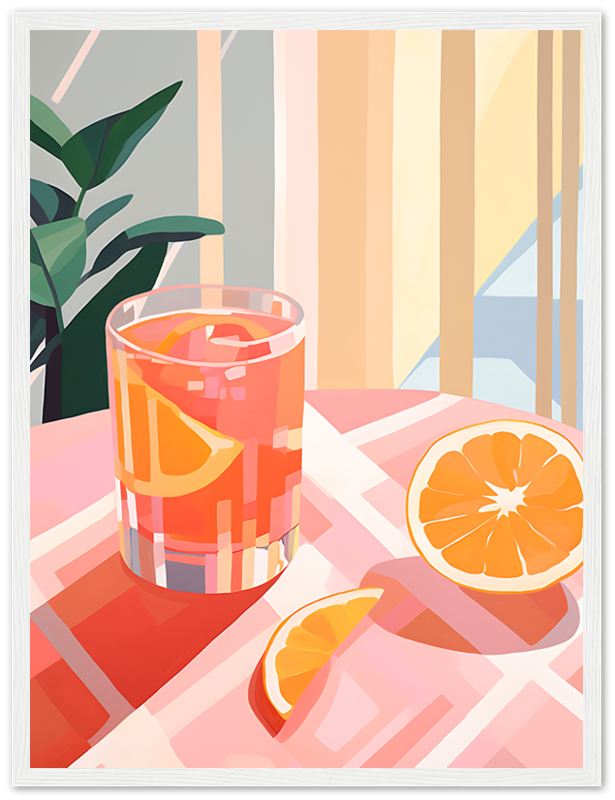 A stylized illustration of a glass of iced drink with orange slices, beside a half and a slice of orange on a table.