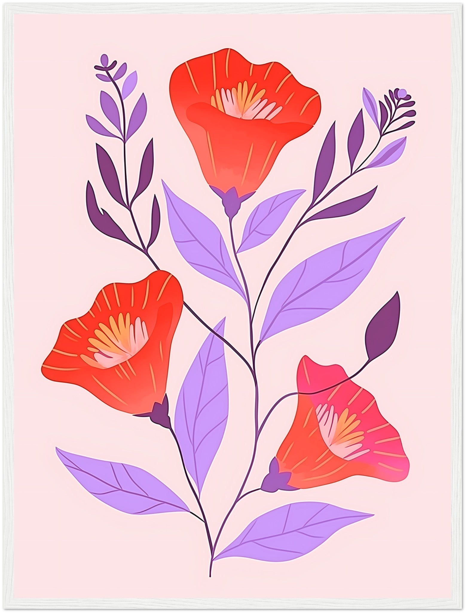 Illustration of red flowers with purple leaves in a brown frame.