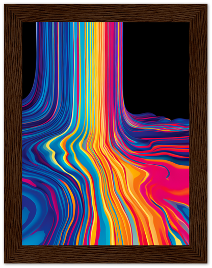 A framed abstract artwork with flowing multicolored lines on a black background.