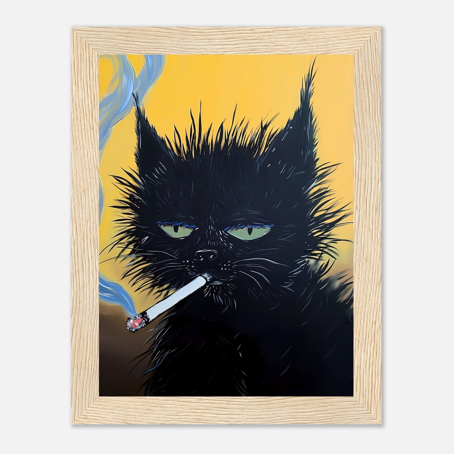 Artwork of a black cat with green eyes smoking a cigarette, against a yellow background.