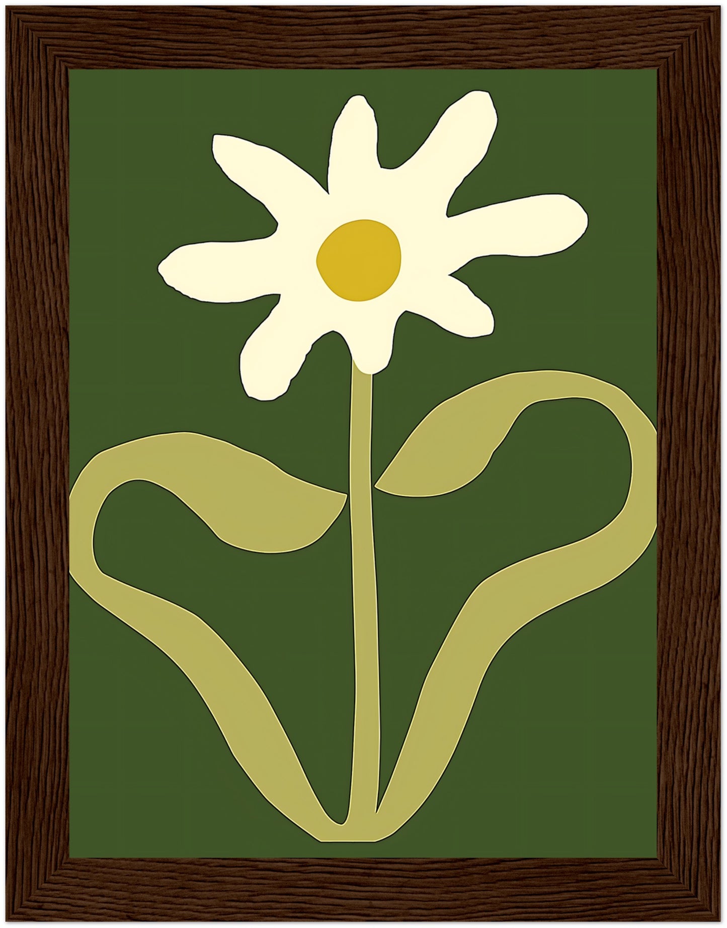 A stylized image of a white flower with a yellow center and green background, framed in brown.