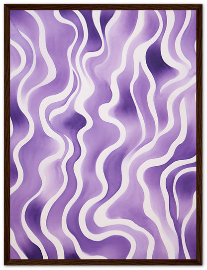 Abstract purple wavy pattern art framed with a dark wooden border.