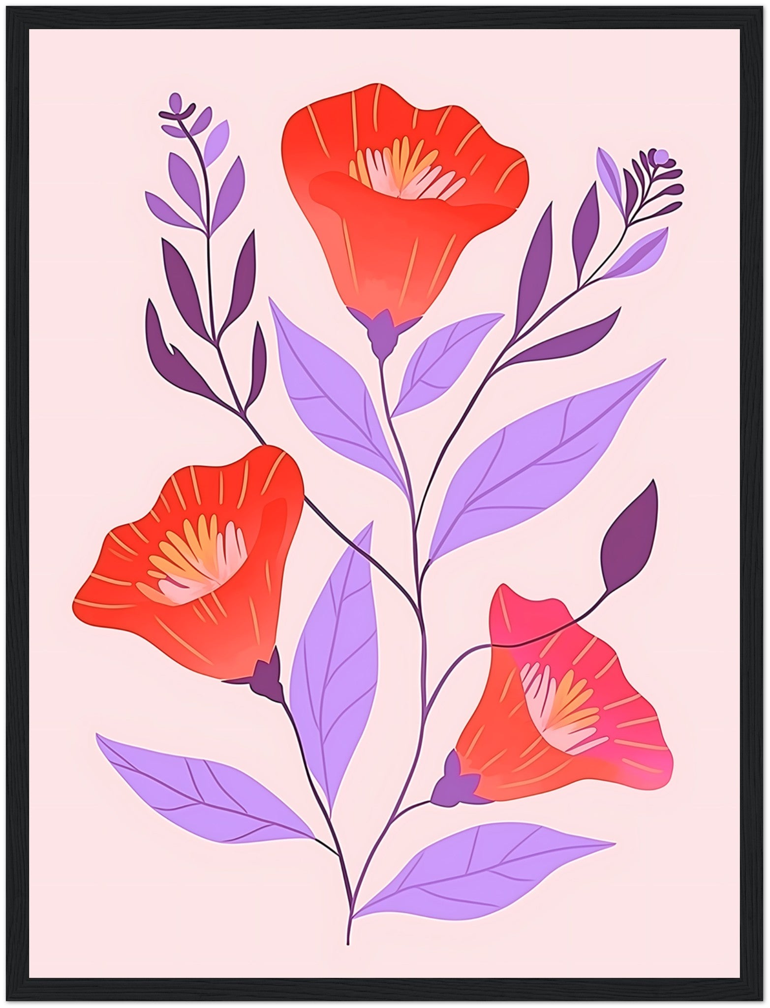 Illustration of red flowers with purple leaves in a brown frame.