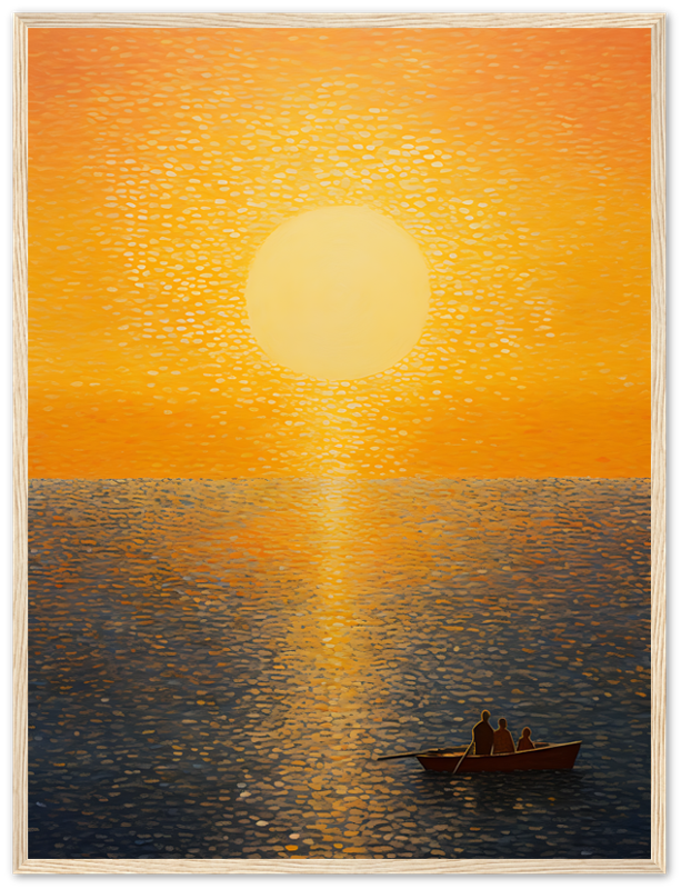 "Painting of two people in a boat on a calm sea at sunset with the sun reflecting on water."