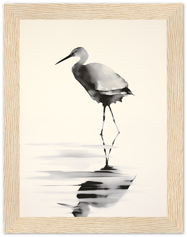 A framed ink painting of a stilted bird wading in water with reflections.