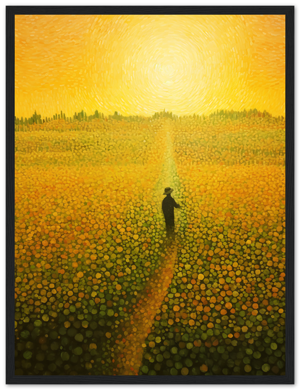Painting of a person walking on a path through a field of flowers under a swirling yellow sky.