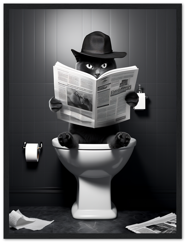 An illustration of a cat wearing a hat, reading a newspaper while sitting on a toilet.