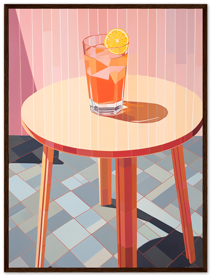 Illustration of a glass of iced drink with a lemon slice on a round table.