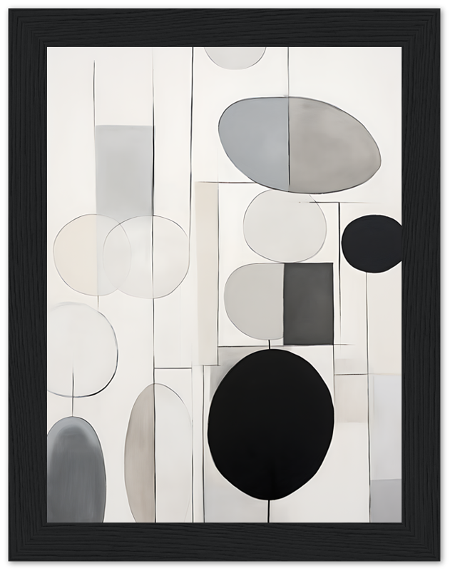 Abstract art with geometric shapes in shades of black, gray, and white within a black frame.