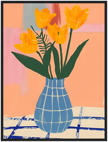 Abstract painting of yellow tulips in a blue checked vase against colorful background.