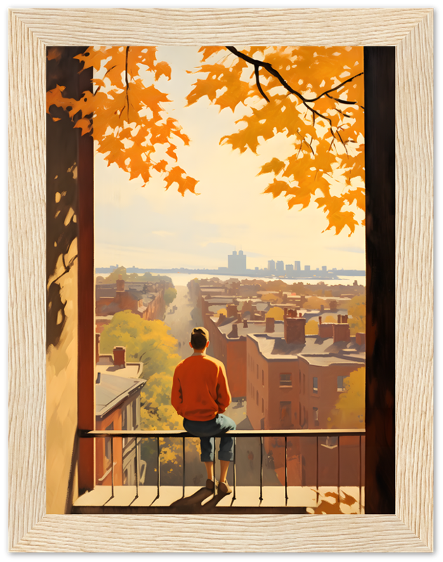 A person standing on a balcony overlooking a cityscape with autumn foliage.