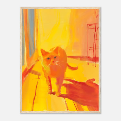 A framed abstract painting of an orange cat against a vibrant yellow and red background.
