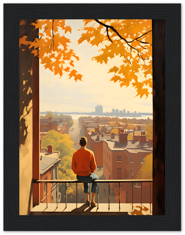 Illustration of a person standing on a balcony overlooking a cityscape in autumn.