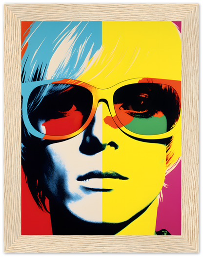Colorful pop art style portrait of a person with sunglasses, framed on a wall.
