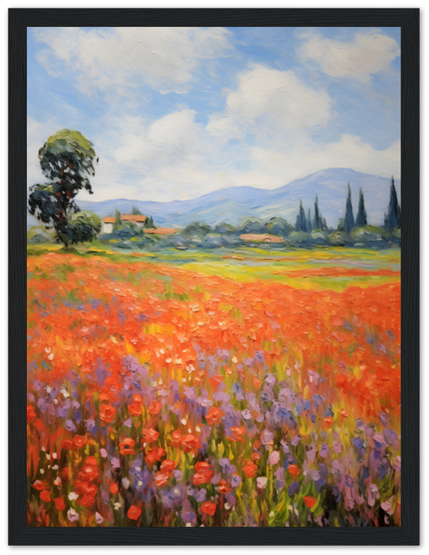 Oil painting of a vibrant poppy field with a tree and mountains in the background.
