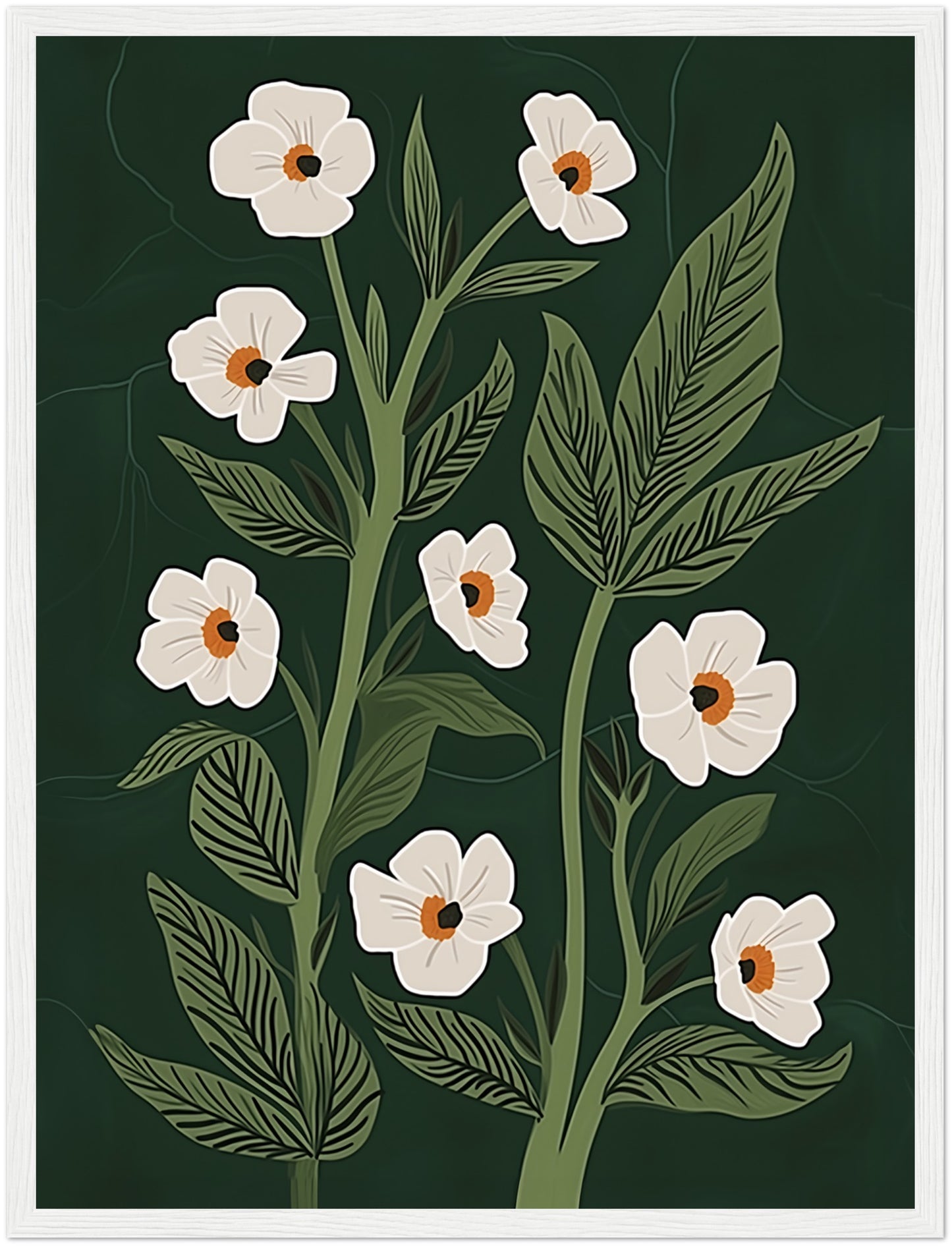 Illustration of white flowers with green leaves on a dark background, framed by a wooden border.