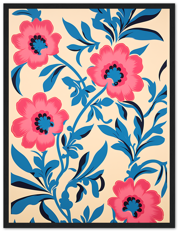 Illustration of a floral pattern with pink flowers and blue leaves on a beige background.