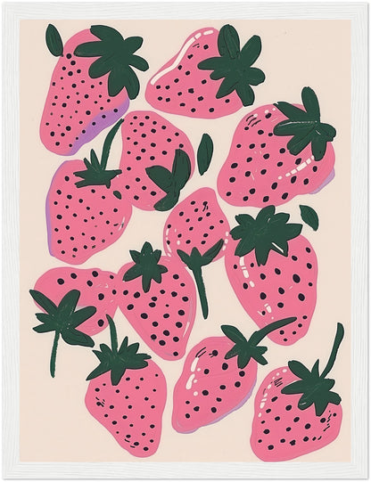 Illustration of stylized pink strawberries with black seeds and green leaves on a light background.