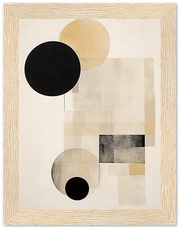 Abstract artwork featuring geometric shapes in black, beige, and gray tones within a textured frame.