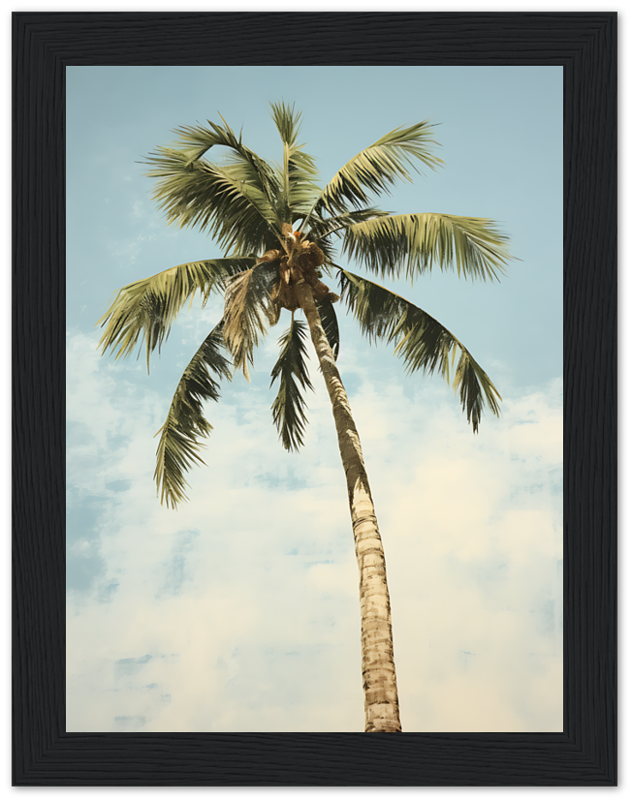 A framed painting of a single palm tree against a clear sky.