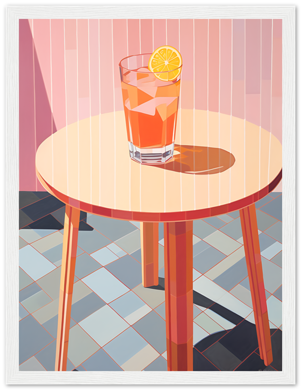 A stylized illustration of a glass of iced drink with a lemon slice on a round table.