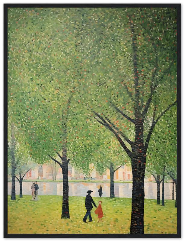 Impressionist painting of people strolling through a tree-lined park.