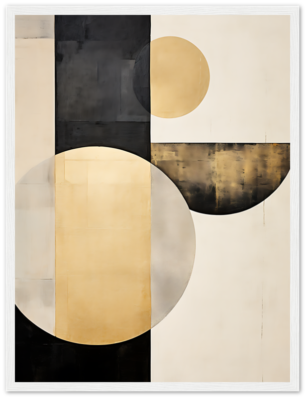 Abstract geometric painting with contrasting black, gold, and white shapes and circles.
