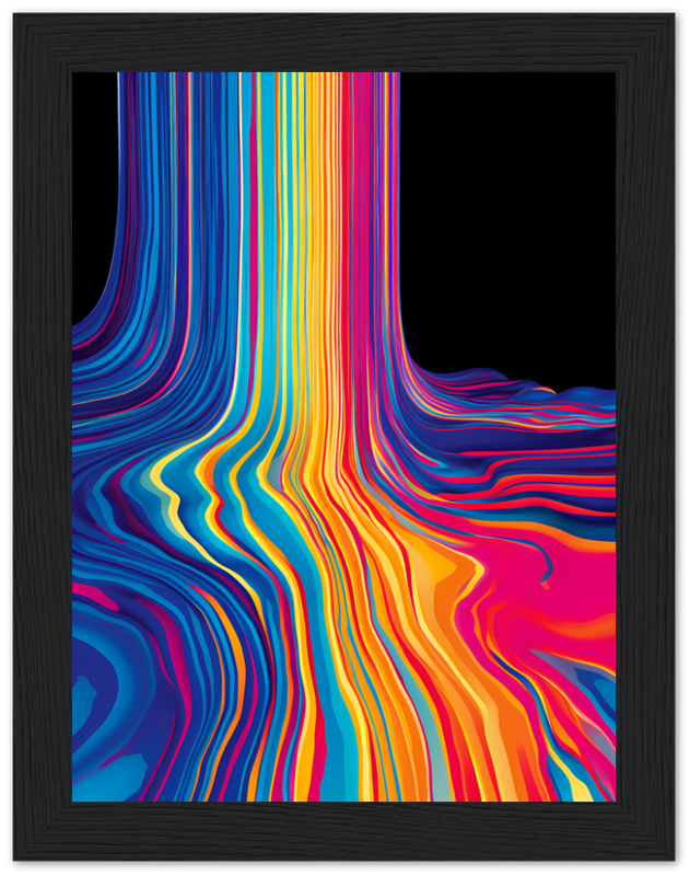 Abstract colorful wavy lines art framed on a wall.