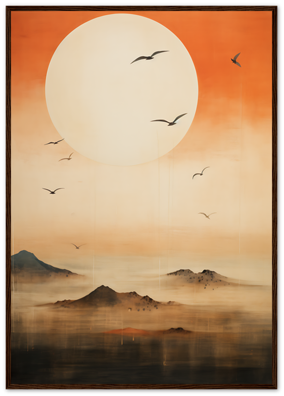 Large orange sun setting over misty mountains with silhouetted birds flying.