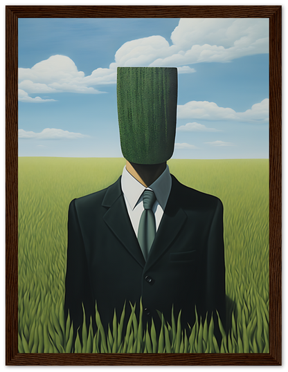Painting of a man in a suit with a green apple floating in front of his face.