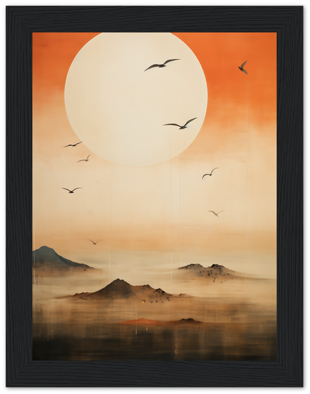 "Stylized painting of birds flying over mountains with large sun and orange sky, framed on a wall."