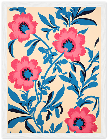 Floral pattern with pink flowers and blue leaves on a cream background.