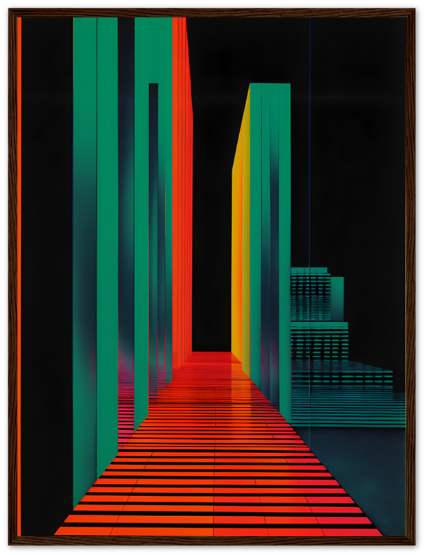 Abstract digital art of a colorful geometric pathway inside a wooden frame.
