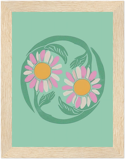 Stylized illustration of two daisies encircled by a green vine on a teal background with a brown frame.