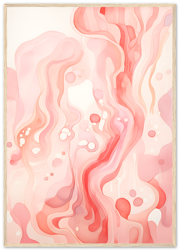 Abstract art with flowing red and pink shapes on a light background.