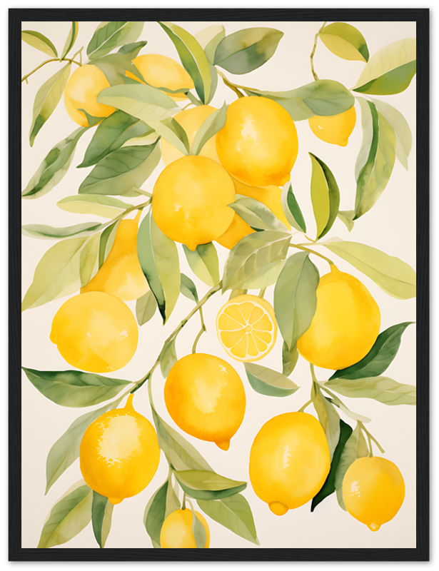 A watercolor painting of ripe yellow lemons hanging from lush green branches.