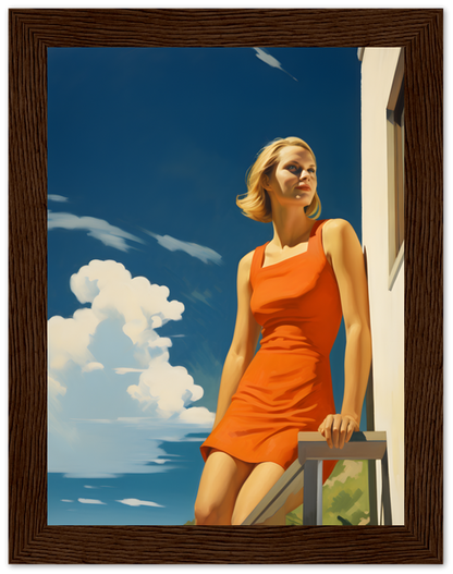 A painting of a woman in an orange dress standing by a railing with a cloudy sky in the background.