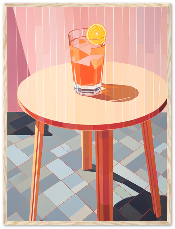 Illustration of a glass of iced drink with lemon on a round table with shadow, against a striped wall.
