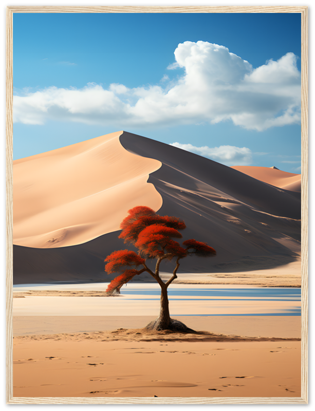 A framed picture of a lone tree with red leaves in a desert with sand dunes and a blue sky.