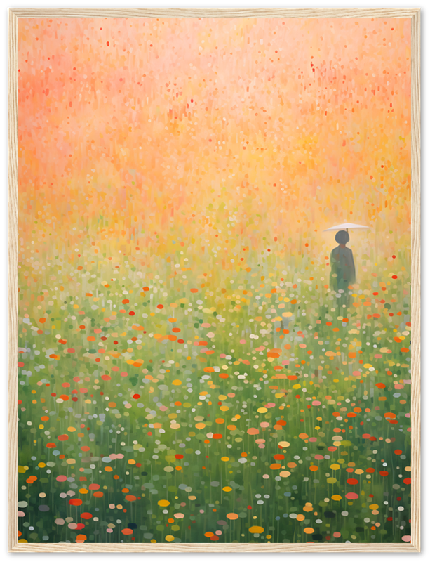 A painting of a person standing in a vibrant field of flowers at dawn or dusk.