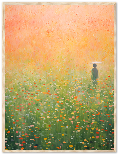 A painting of a person standing in a vibrant field of flowers at dawn or dusk.