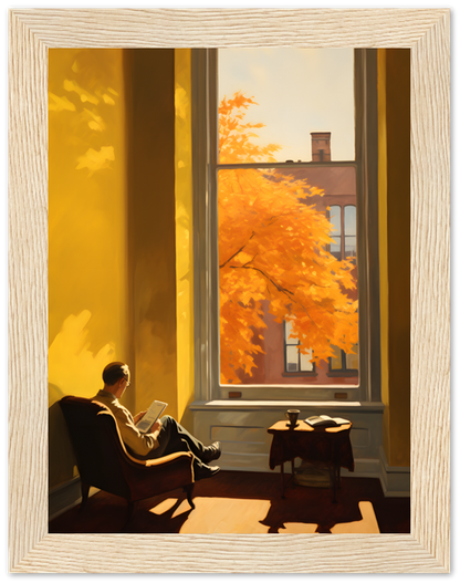 Person reading by a window with a view of autumn trees.