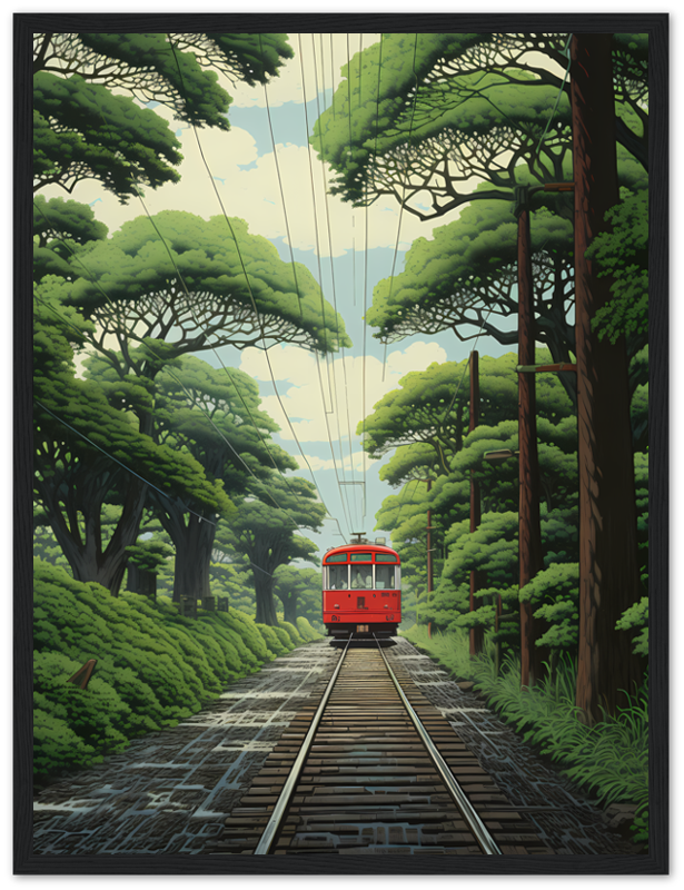 A framed illustration of a red tram on tracks amidst lush green trees.