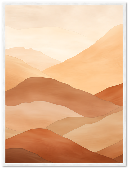 Abstract desert mountain landscape painting with warm tones, framed on a wall.