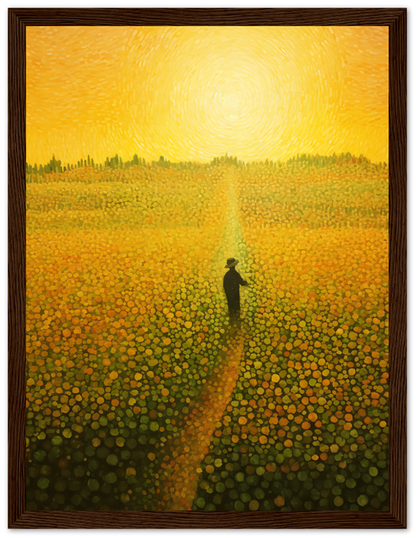A silhouette of a person walking through a vibrant field of flowers under a swirling golden sky.