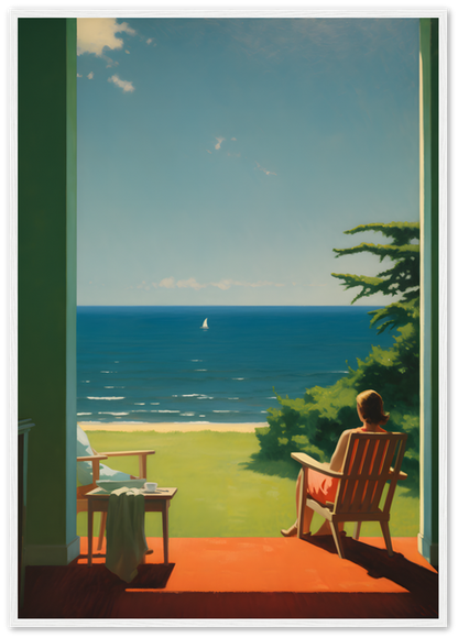 Painting of a person sitting on a chair watching the sea from a porch framed by a wooden doorway.