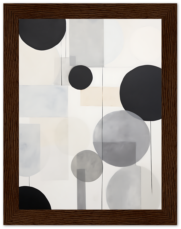 Abstract art with circles and muted tones in a wooden frame.