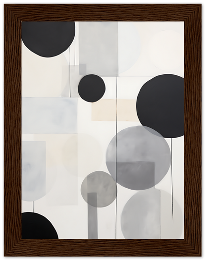 Abstract art with circles and muted tones in a wooden frame.